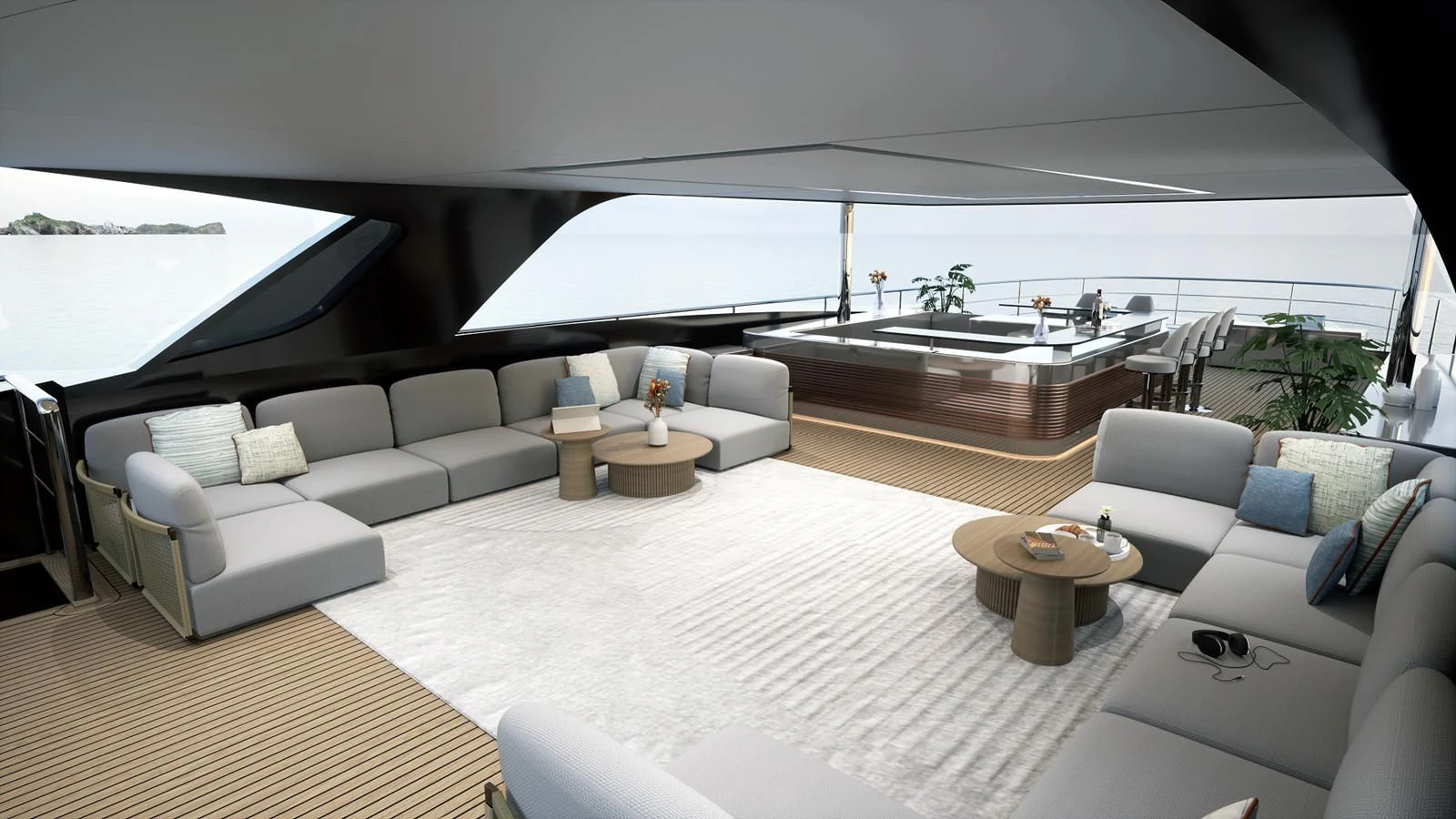 a living room with a large white patio and a large swimming pool aboard NL45/01 Yacht for Sale