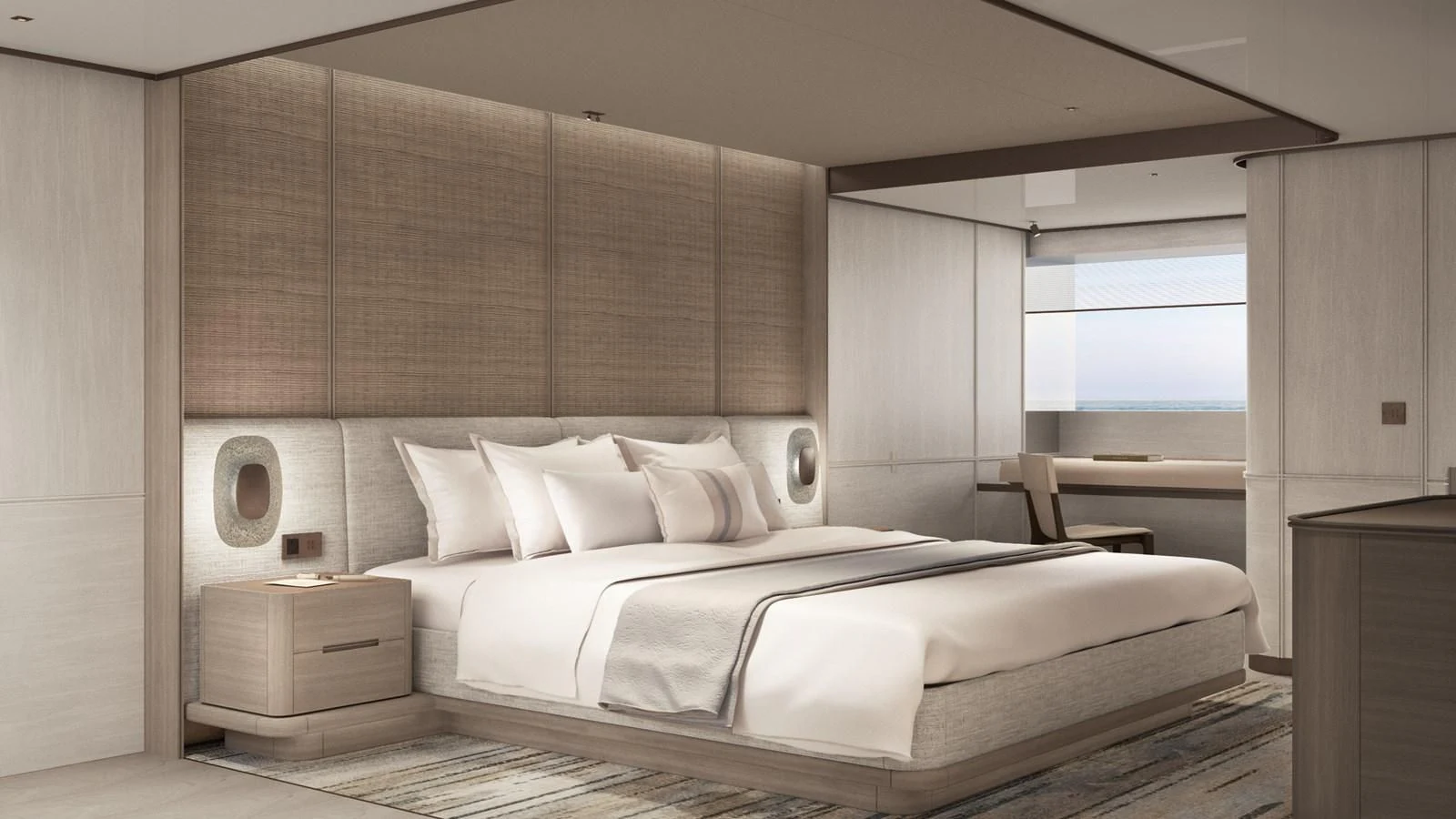 a bed with white sheets aboard NL45/01 Yacht for Sale