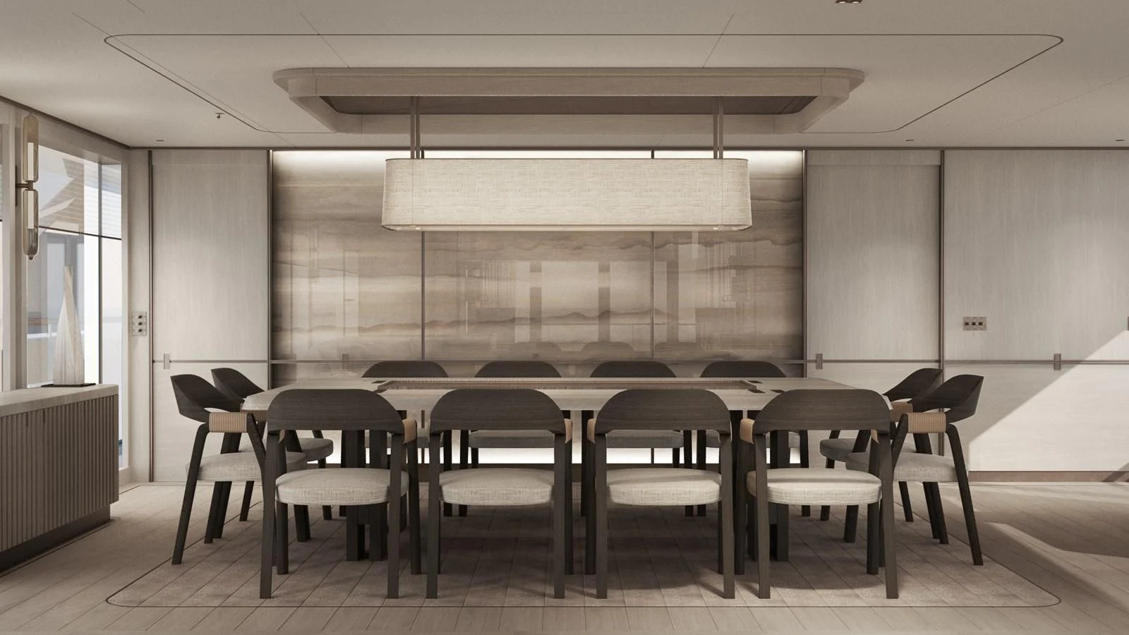 a room with a table and chairs aboard NL45/01 Yacht for Sale