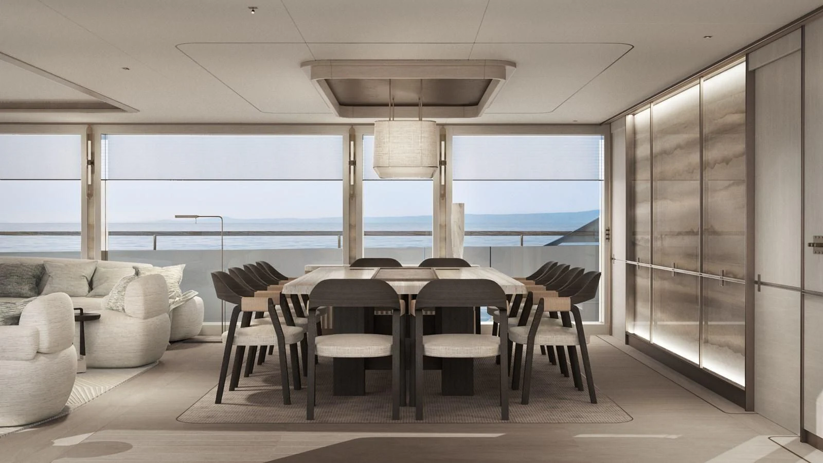 a room with a table and chairs aboard NL45/01 Yacht for Sale