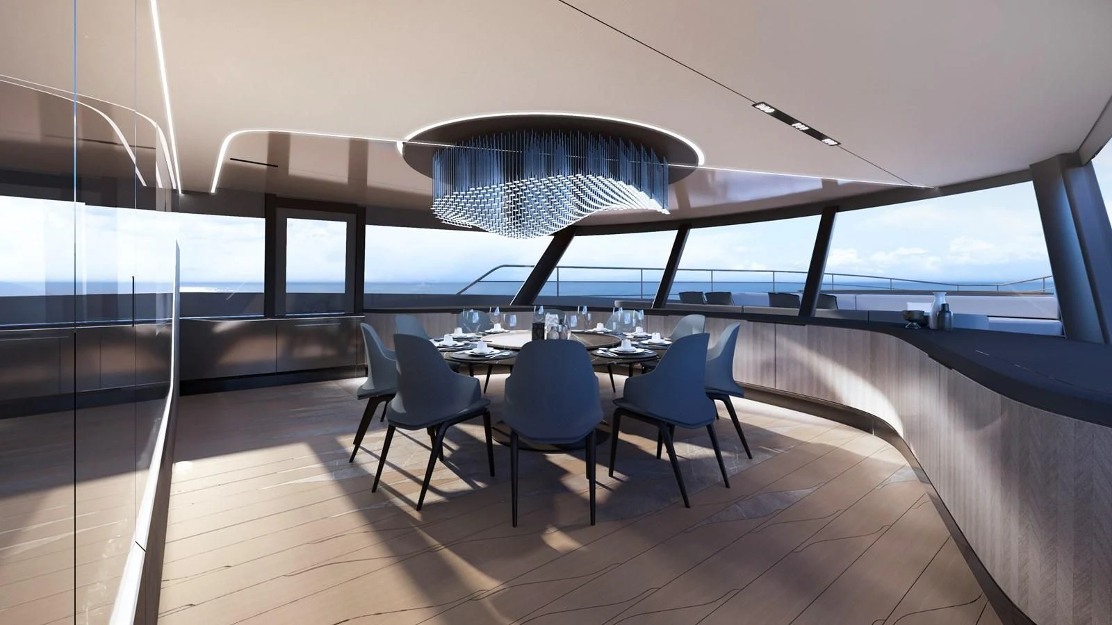 a room with a table and chairs aboard NL45/01 Yacht for Sale