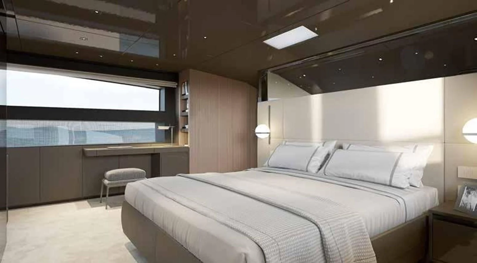 a room with a bed and a desk aboard 2022 SANLORENZO SL90A #786 Yacht for Sale