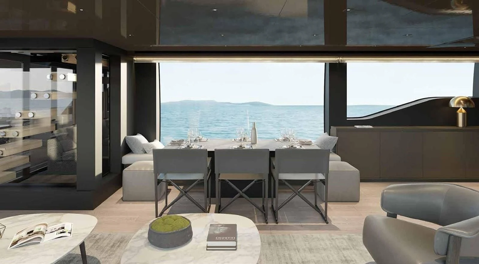 a room with a table chairs and a large window aboard 2022 SANLORENZO SL90A #786 Yacht for Sale