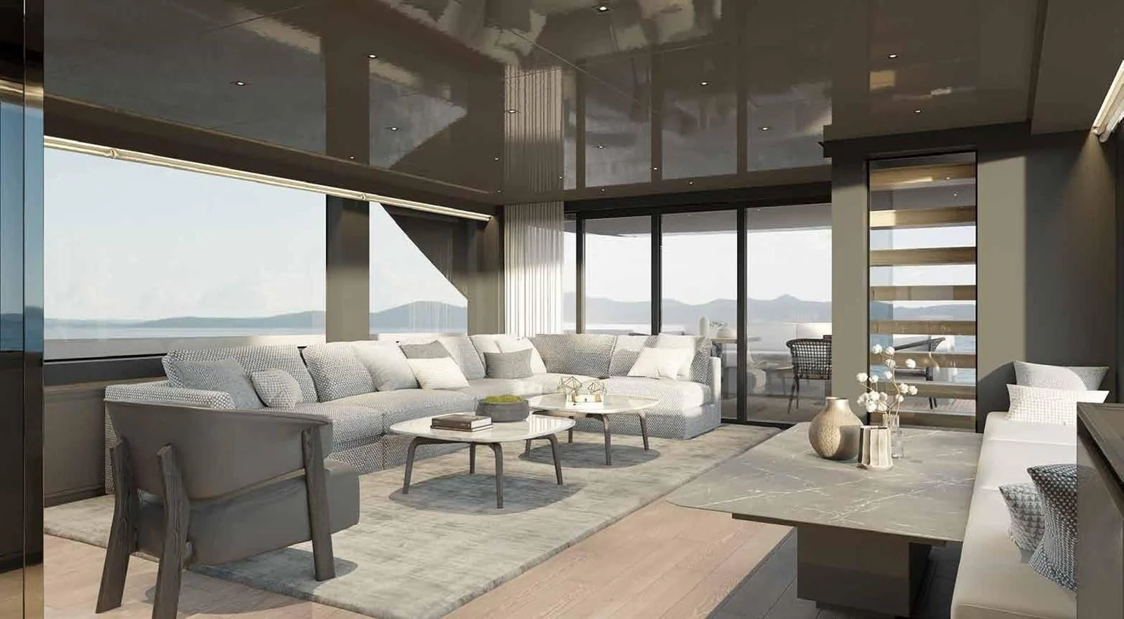 a living room with a large window aboard 2022 SANLORENZO SL90A #786 Yacht for Sale