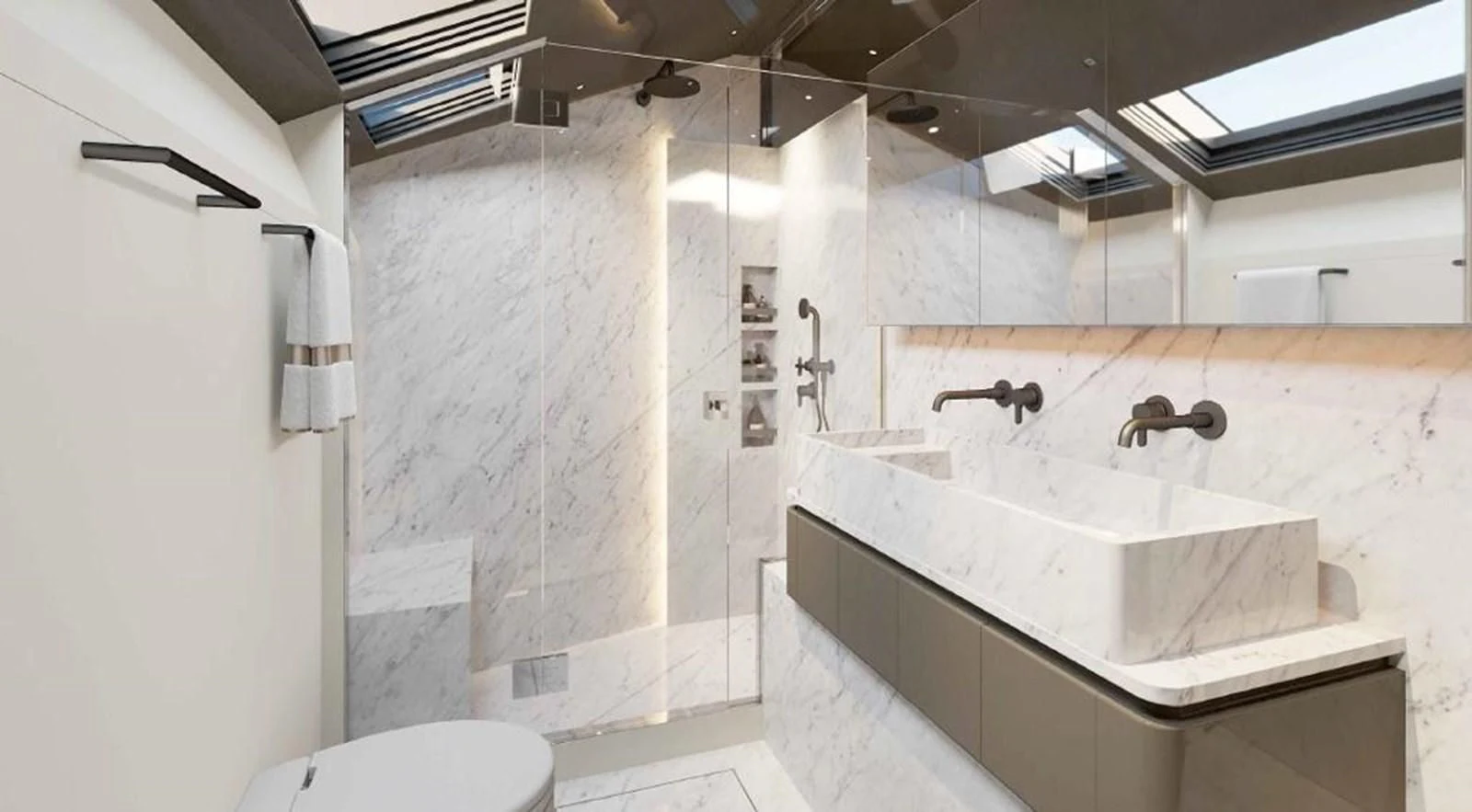 a bathroom with a sink and a shower aboard 2022 SANLORENZO SL90A #786 Yacht for Sale