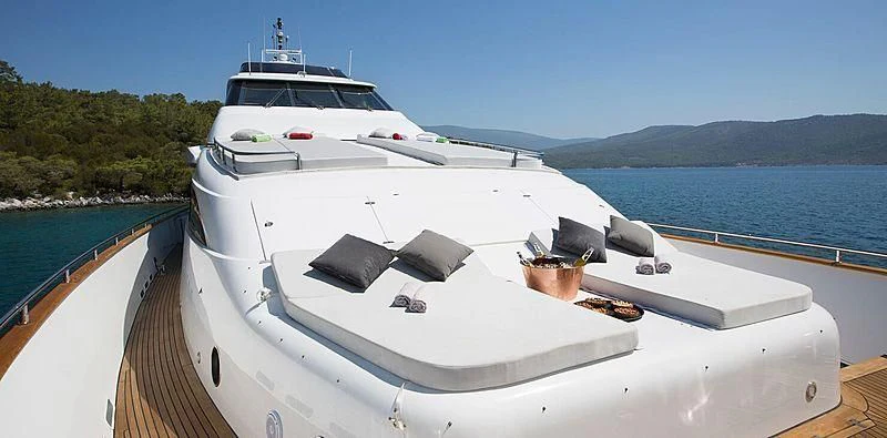 a white yacht on a dock aboard MEGI ONE Yacht for Sale