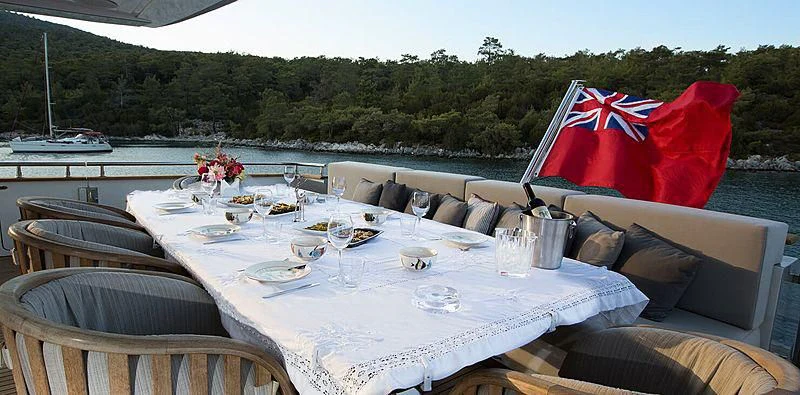 a table set for a meal aboard MEGI ONE Yacht for Sale