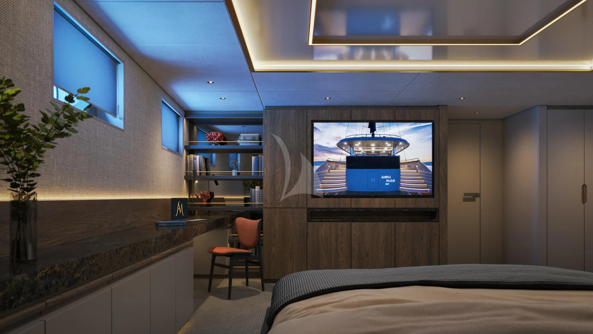 a bedroom with a tv and a bed aboard ANIMA MARIS Yacht for Sale