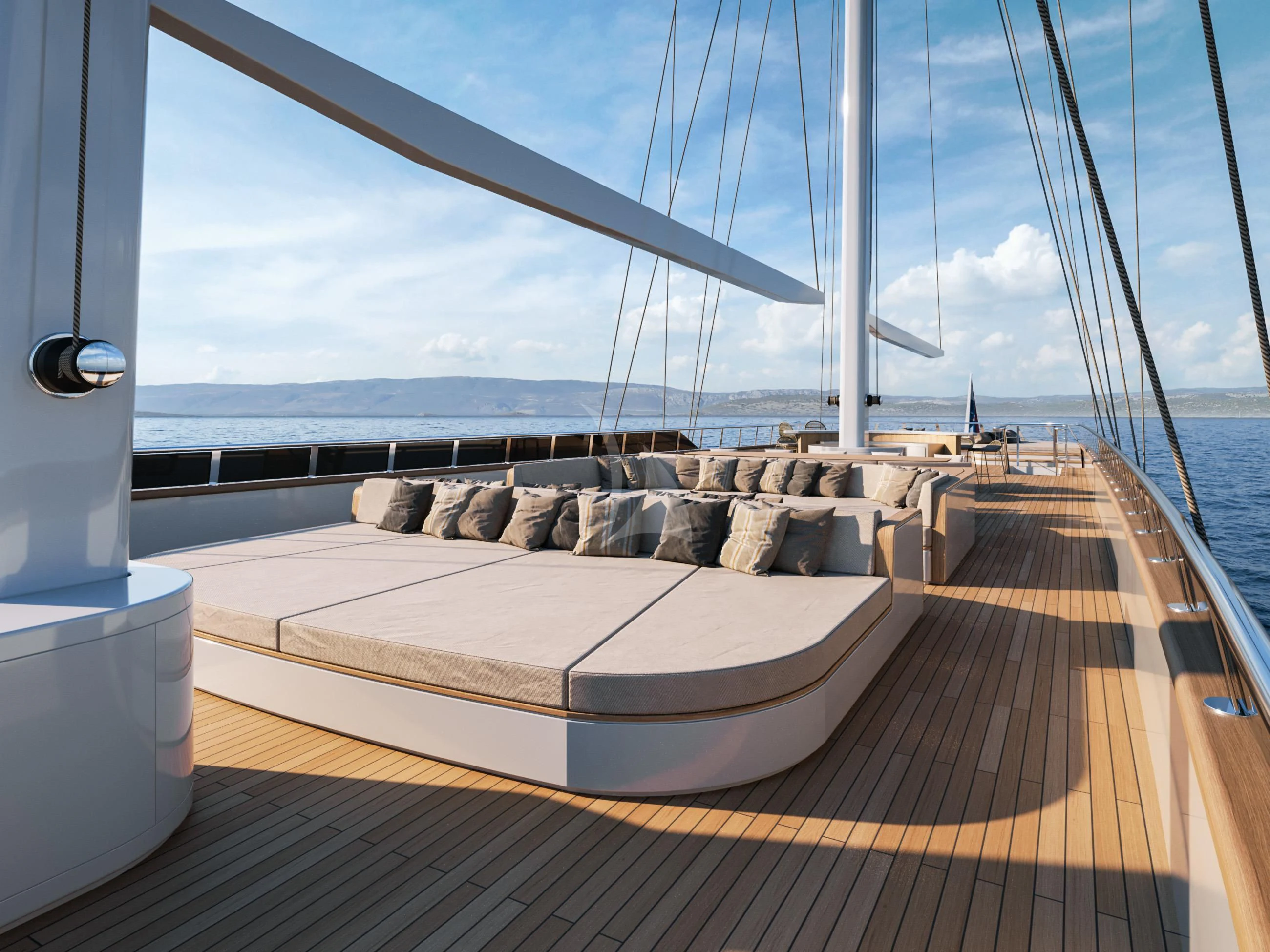 a deck with a view of the ocean and the ocean aboard ANIMA MARIS Yacht for Sale