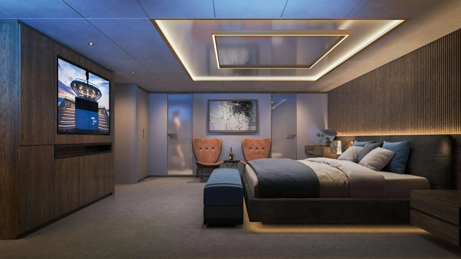 a living room with a couch and a tv aboard ANIMA MARIS Yacht for Sale
