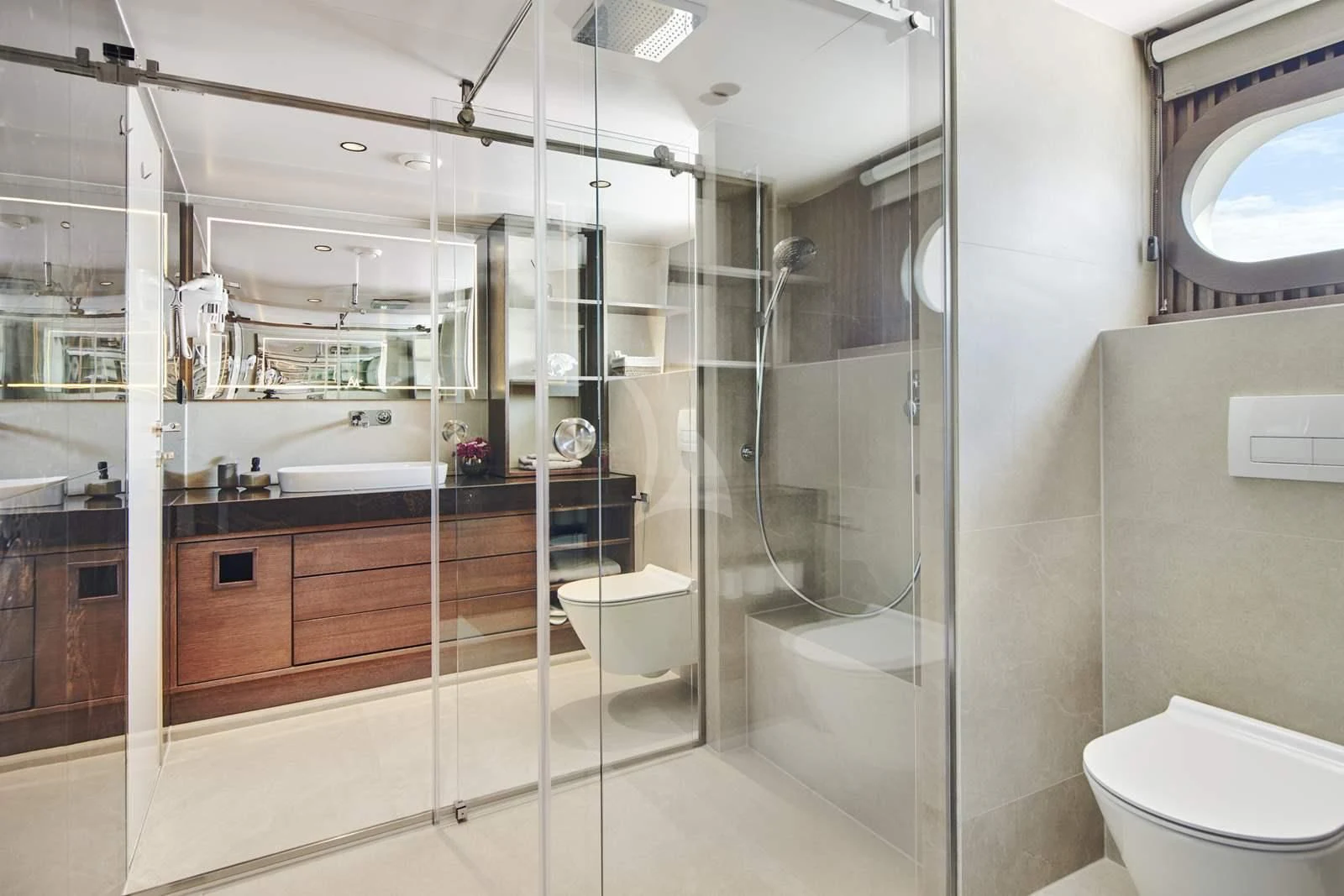 a bathroom with a glass shower aboard ANIMA MARIS Yacht for Sale
