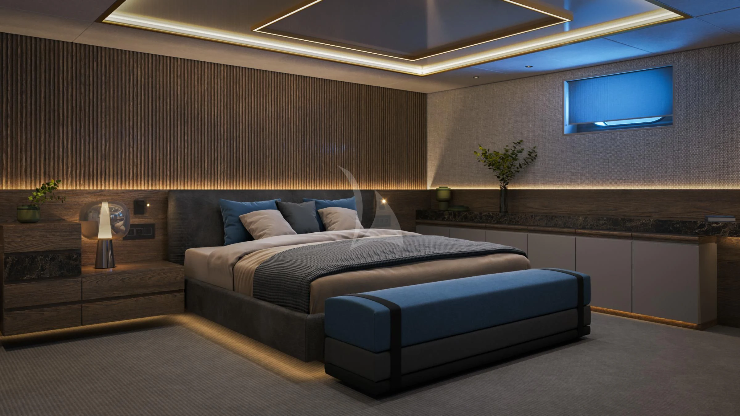 a large bed in a room aboard ANIMA MARIS Yacht for Sale