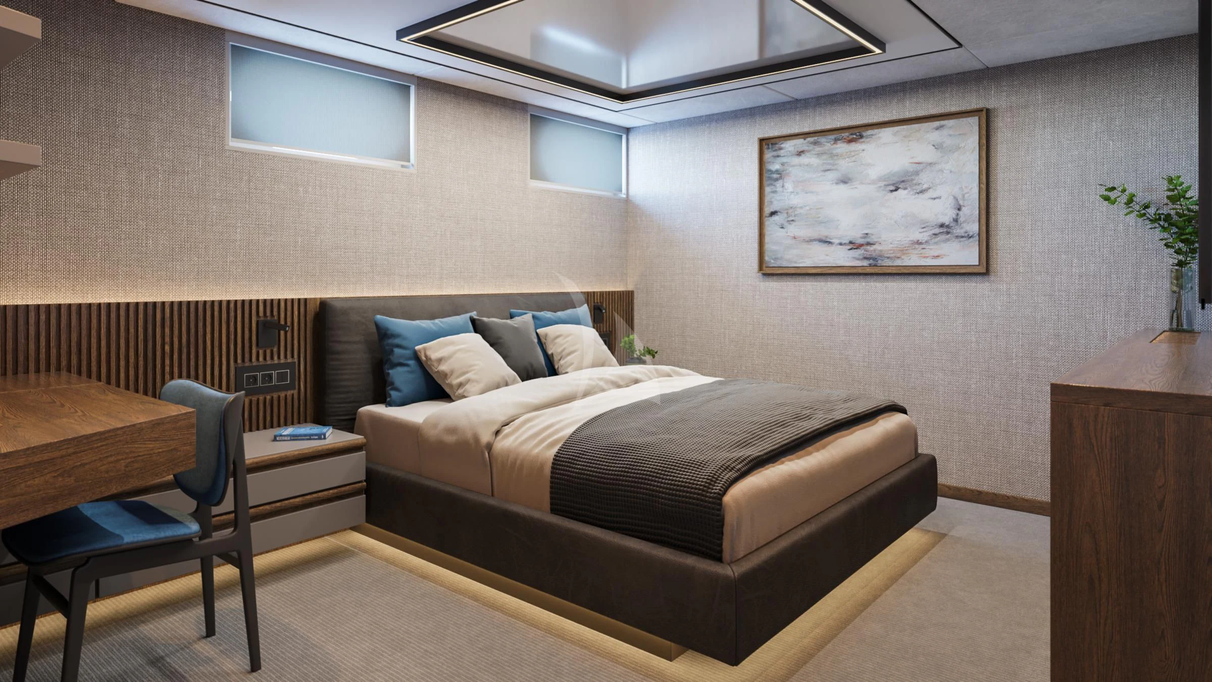 a room with a bed and a desk aboard ANIMA MARIS Yacht for Sale