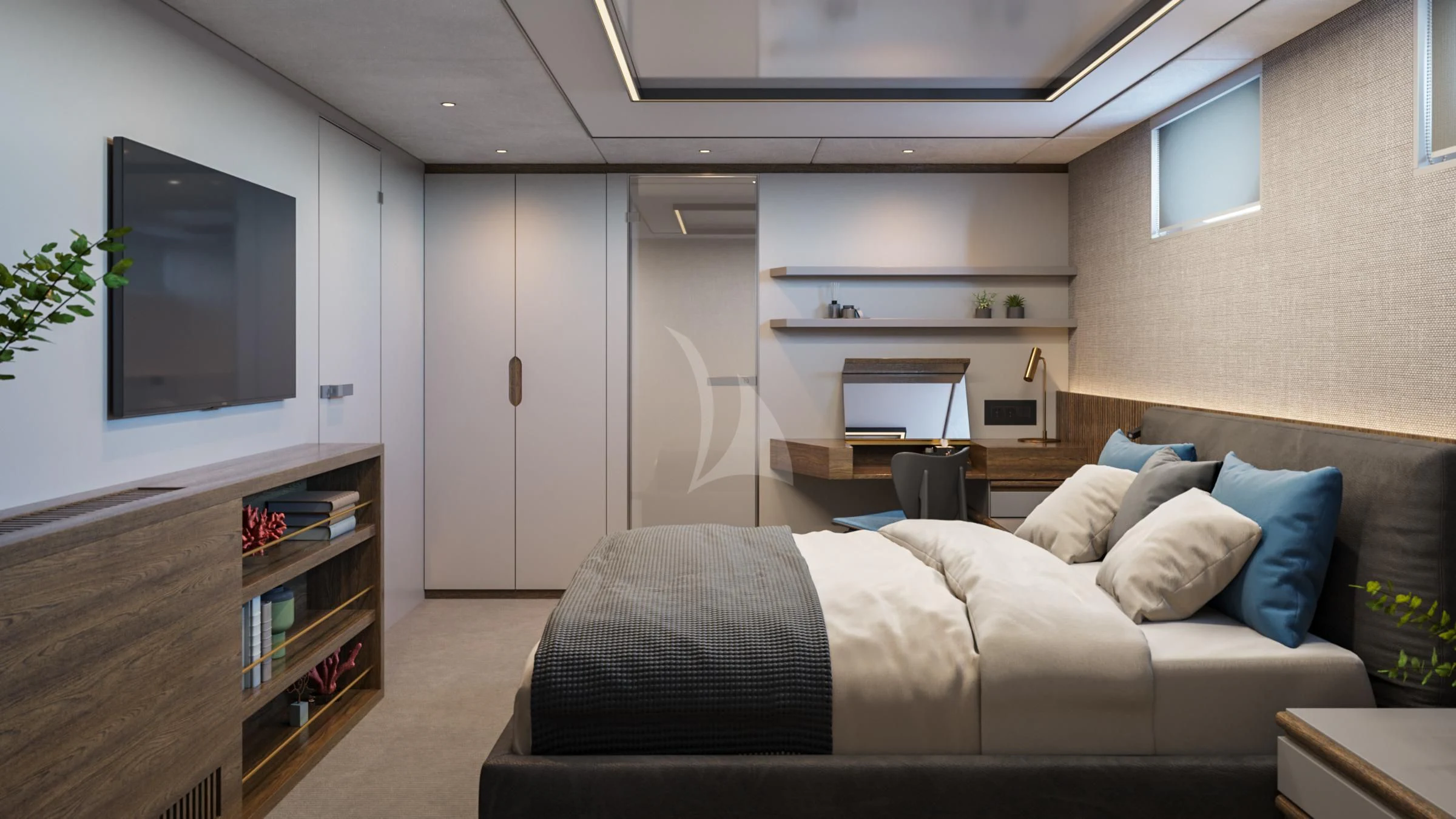 a living room with a couch and a tv aboard ANIMA MARIS Yacht for Sale