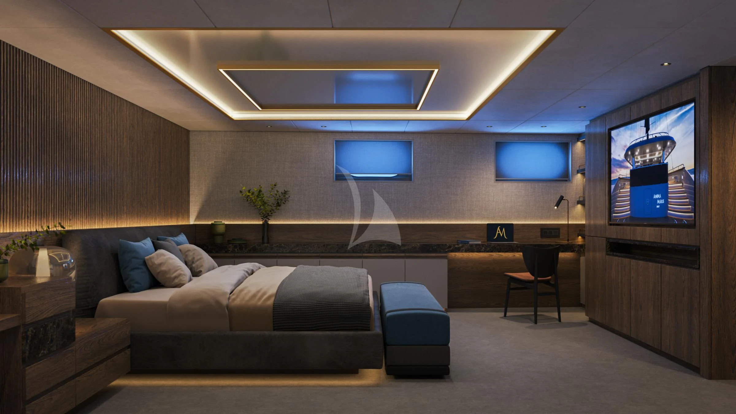 a room with a couch and tv aboard ANIMA MARIS Yacht for Sale