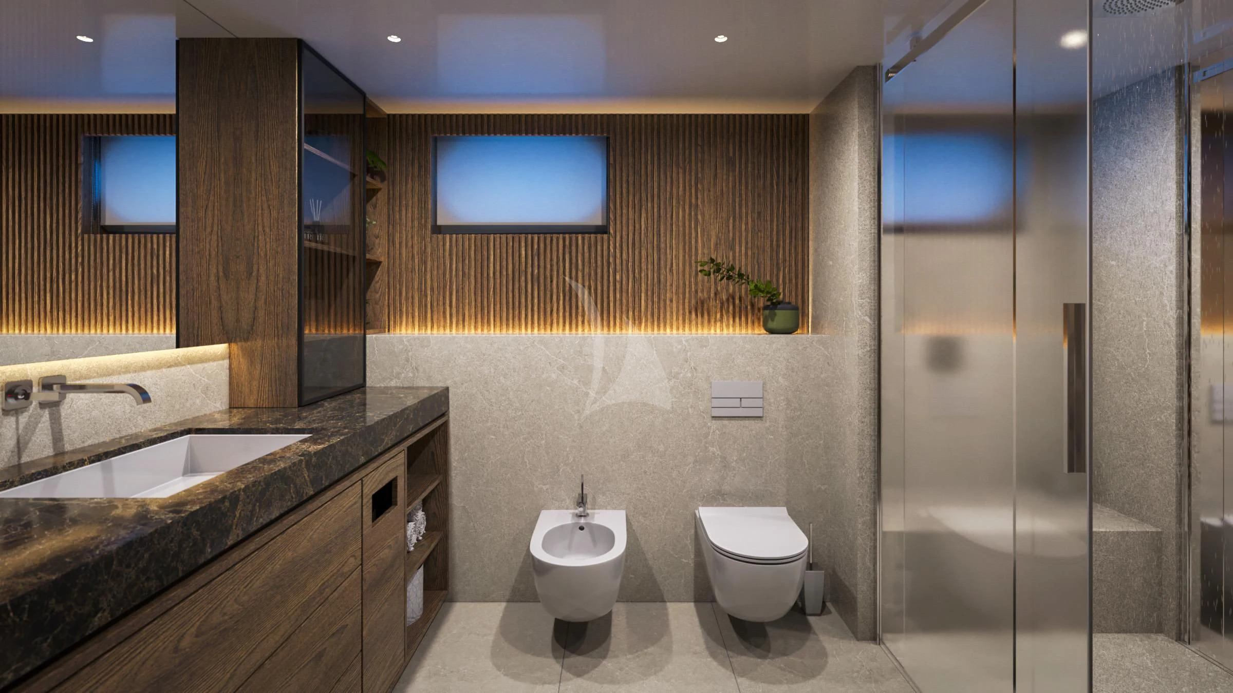 a bathroom with a glass shower aboard ANIMA MARIS Yacht for Sale