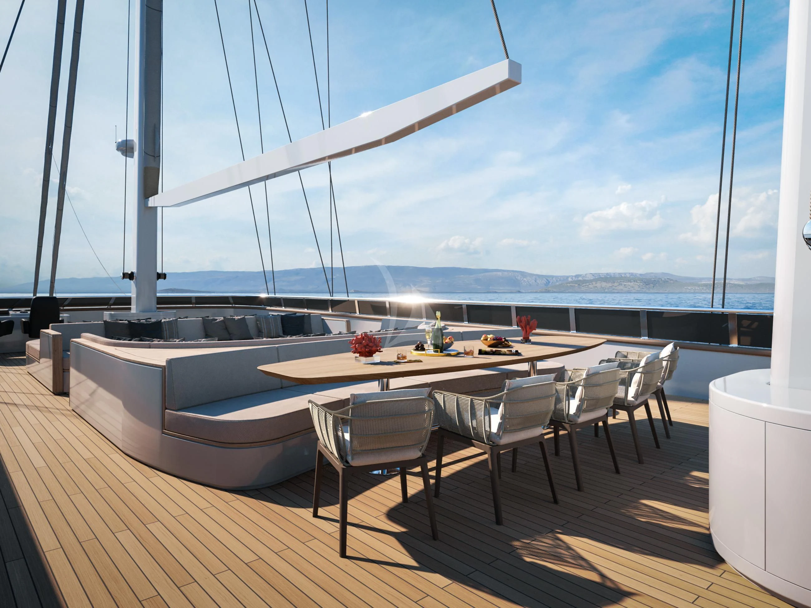 a large room with a table and chairs on a deck aboard ANIMA MARIS Yacht for Sale