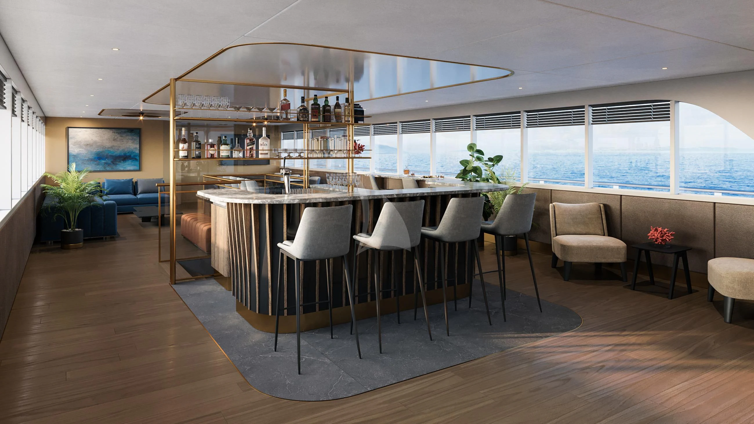 a room with a table chairs and a large window aboard ANIMA MARIS Yacht for Sale