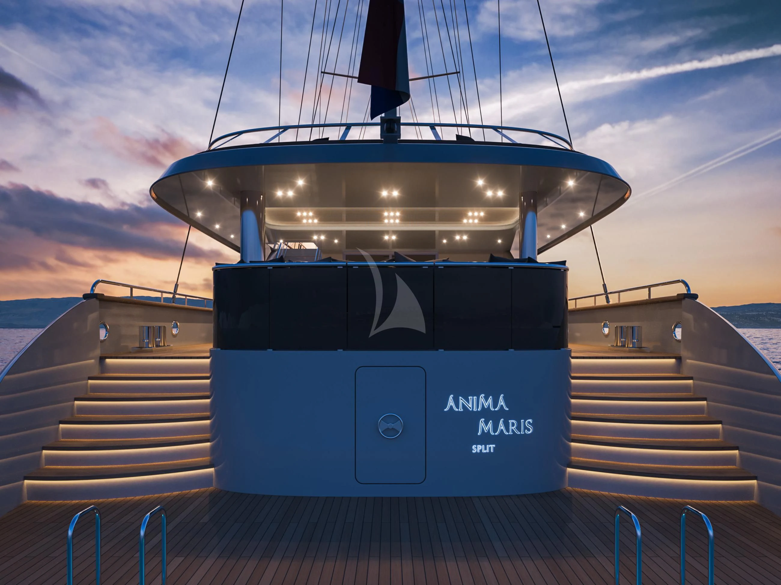 a large ship on a dock aboard ANIMA MARIS Yacht for Sale