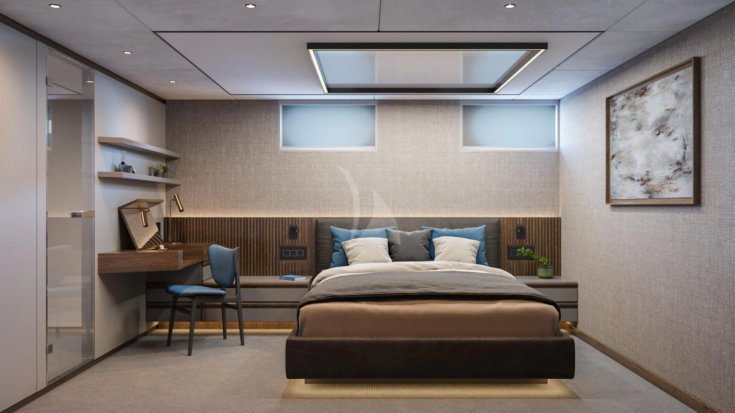 a room with a bed and a desk aboard ANIMA MARIS Yacht for Sale