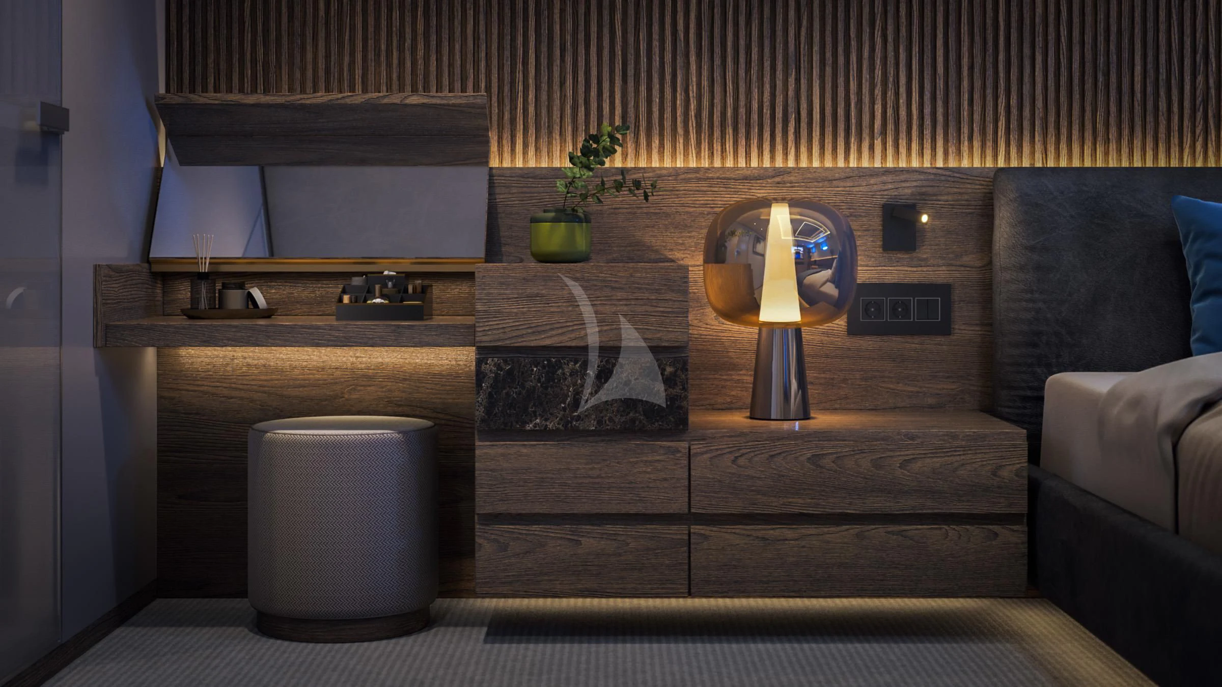 a room with a couch and a lamp aboard ANIMA MARIS Yacht for Sale