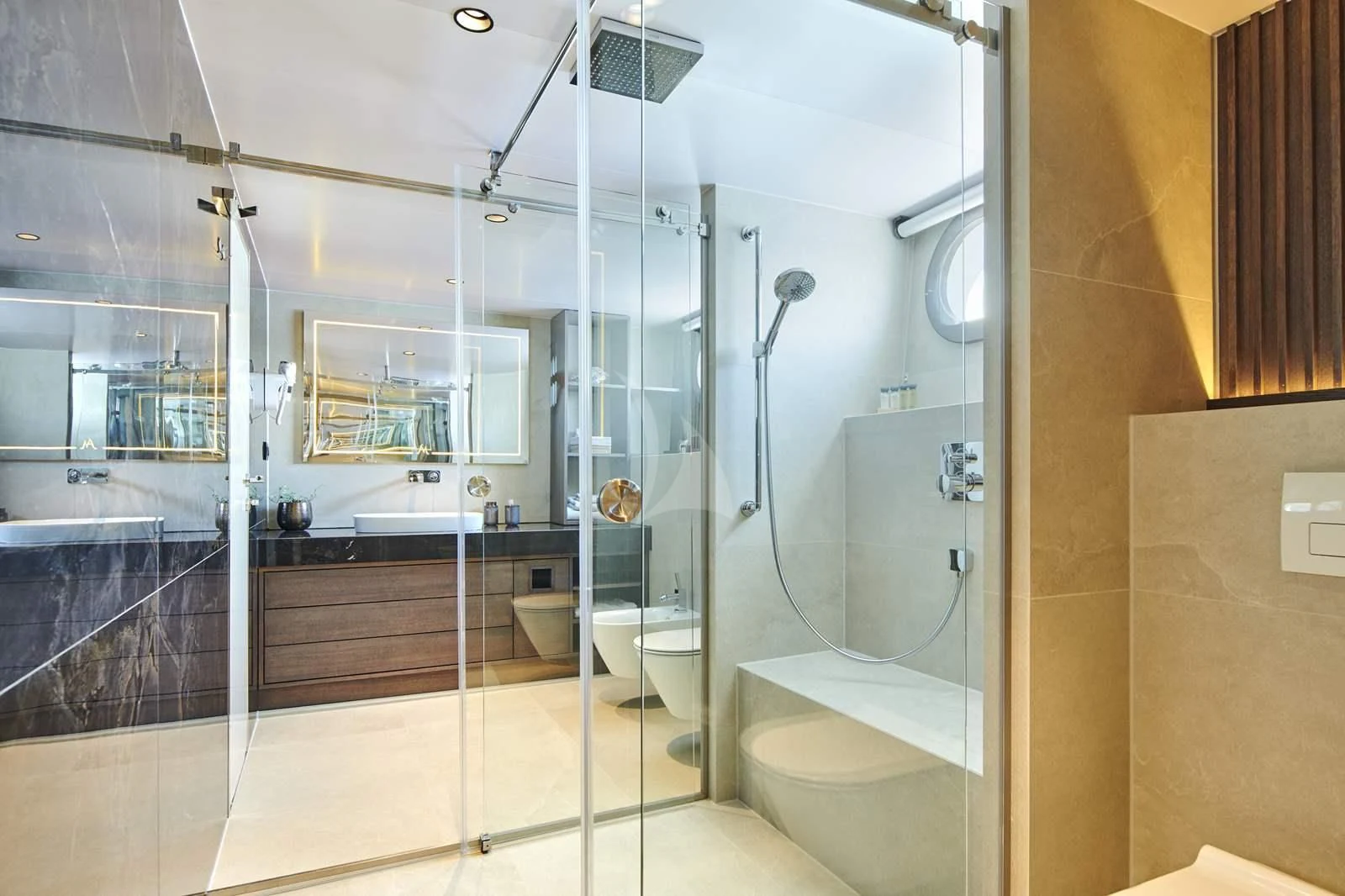 a bathroom with a glass shower aboard ANIMA MARIS Yacht for Sale