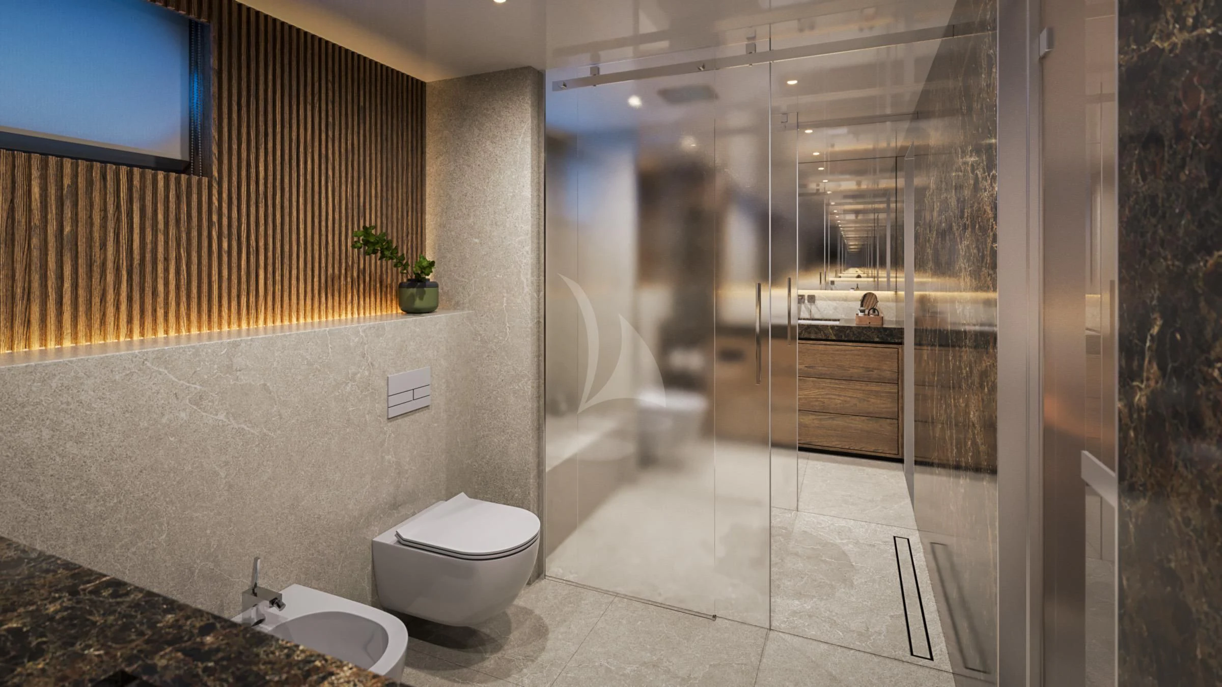 a bathroom with a glass shower aboard ANIMA MARIS Yacht for Sale