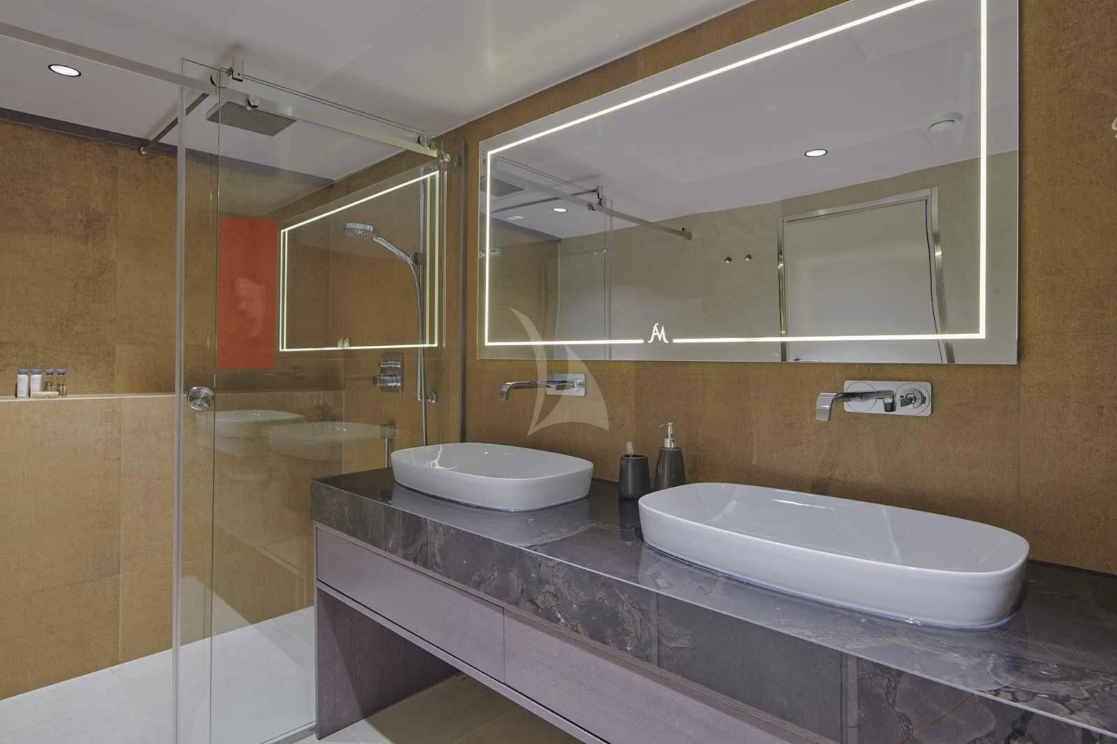 a bathroom with a large mirror aboard ANIMA MARIS Yacht for Sale