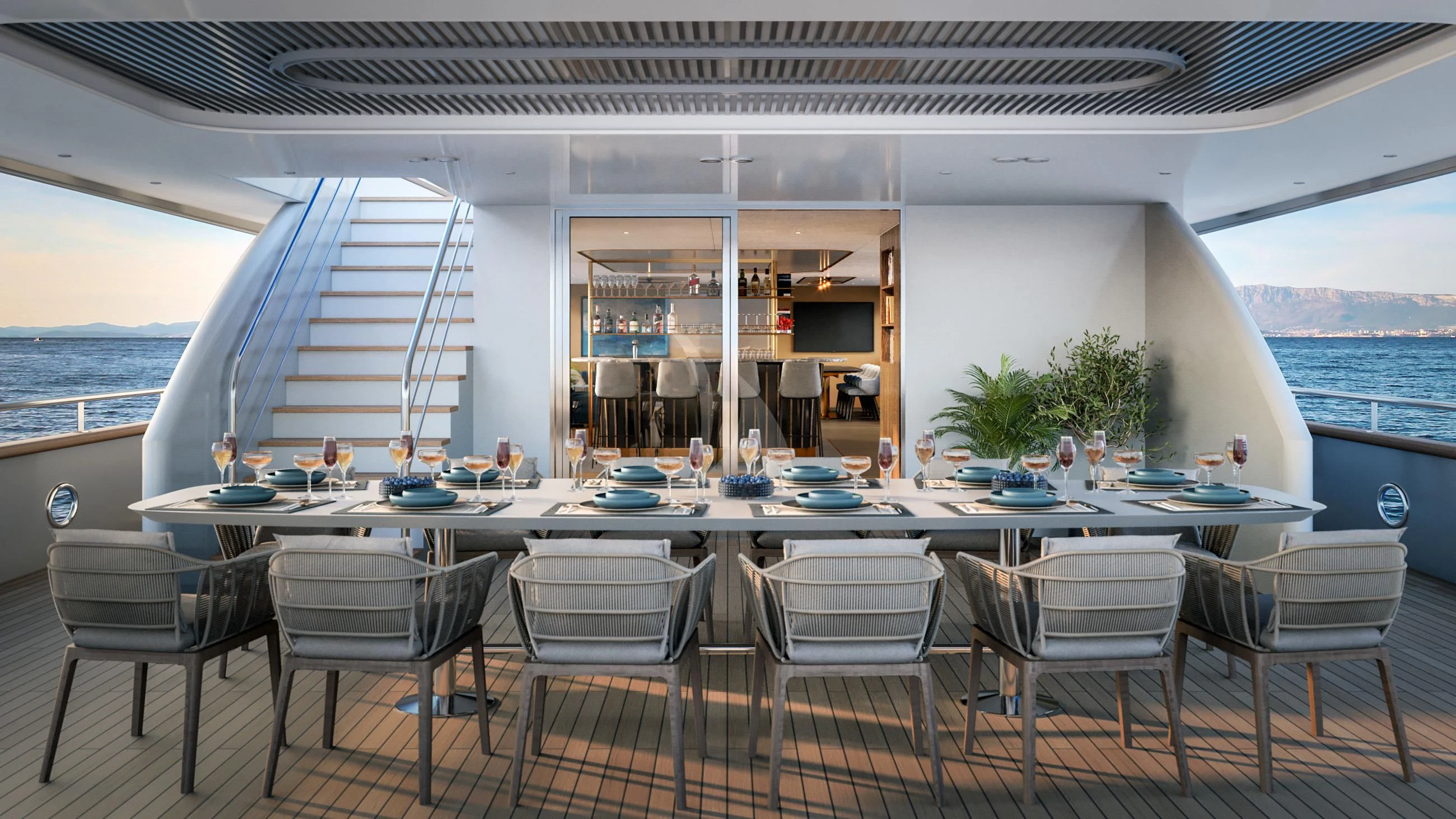 a large white table with chairs around it aboard ANIMA MARIS Yacht for Sale