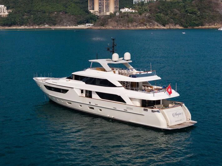 a white yacht on the water aboard NADHIRA Yacht for Sale
