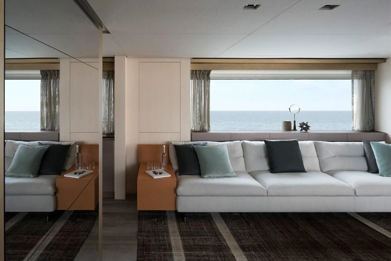 a living room with a large window aboard NADHIRA Yacht for Sale