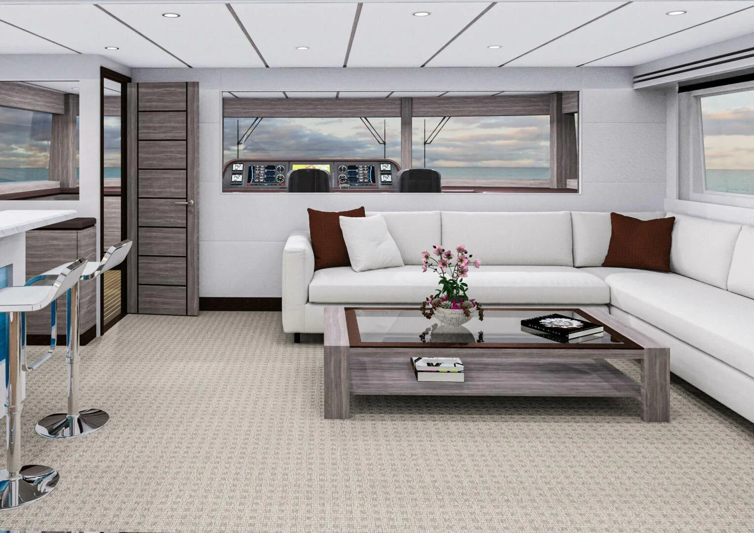 a white couch in a room aboard STELLARCAT SF2603 Yacht for Sale