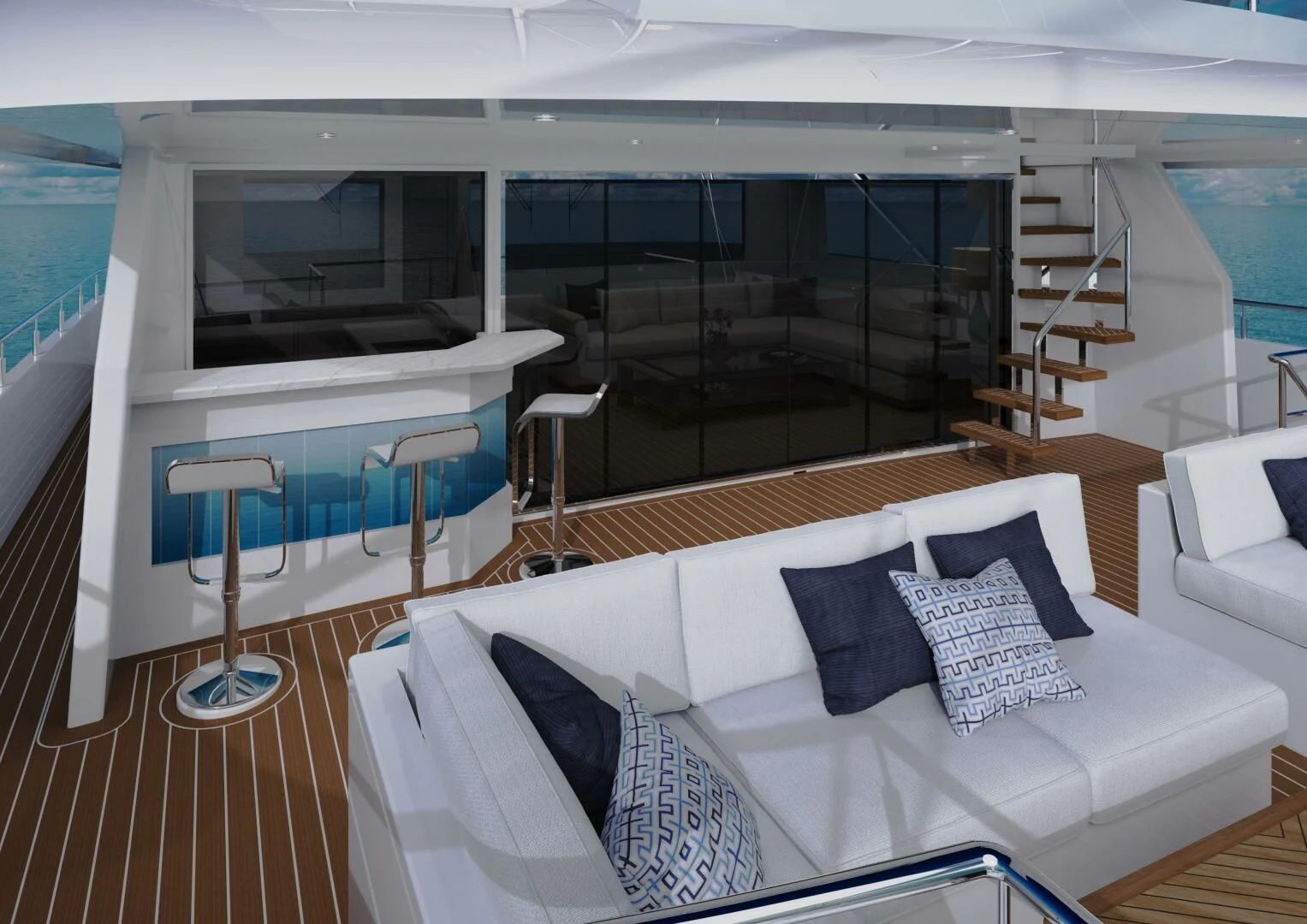 a large white couch with pillows on it next to a pool aboard STELLARCAT SF2603 Yacht for Sale