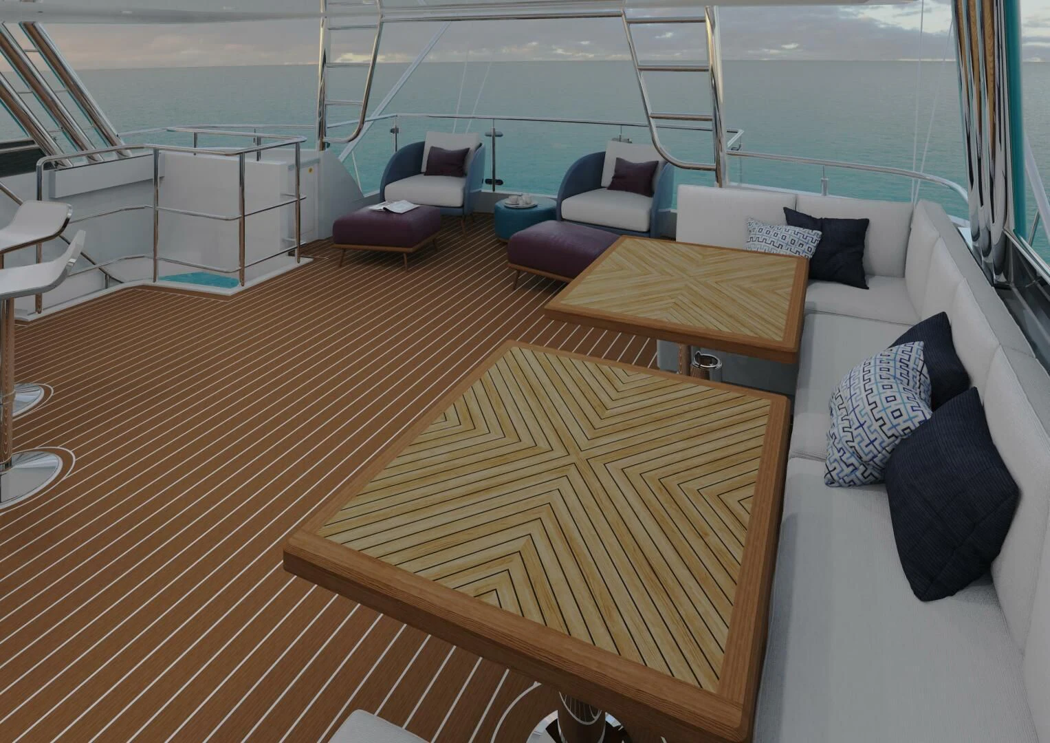 a deck with a table and chairs aboard STELLARCAT SF2603 Yacht for Sale