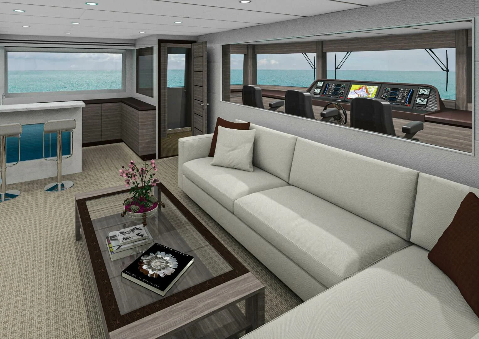 a living room with a couch and a coffee table aboard STELLARCAT SF2603 Yacht for Sale