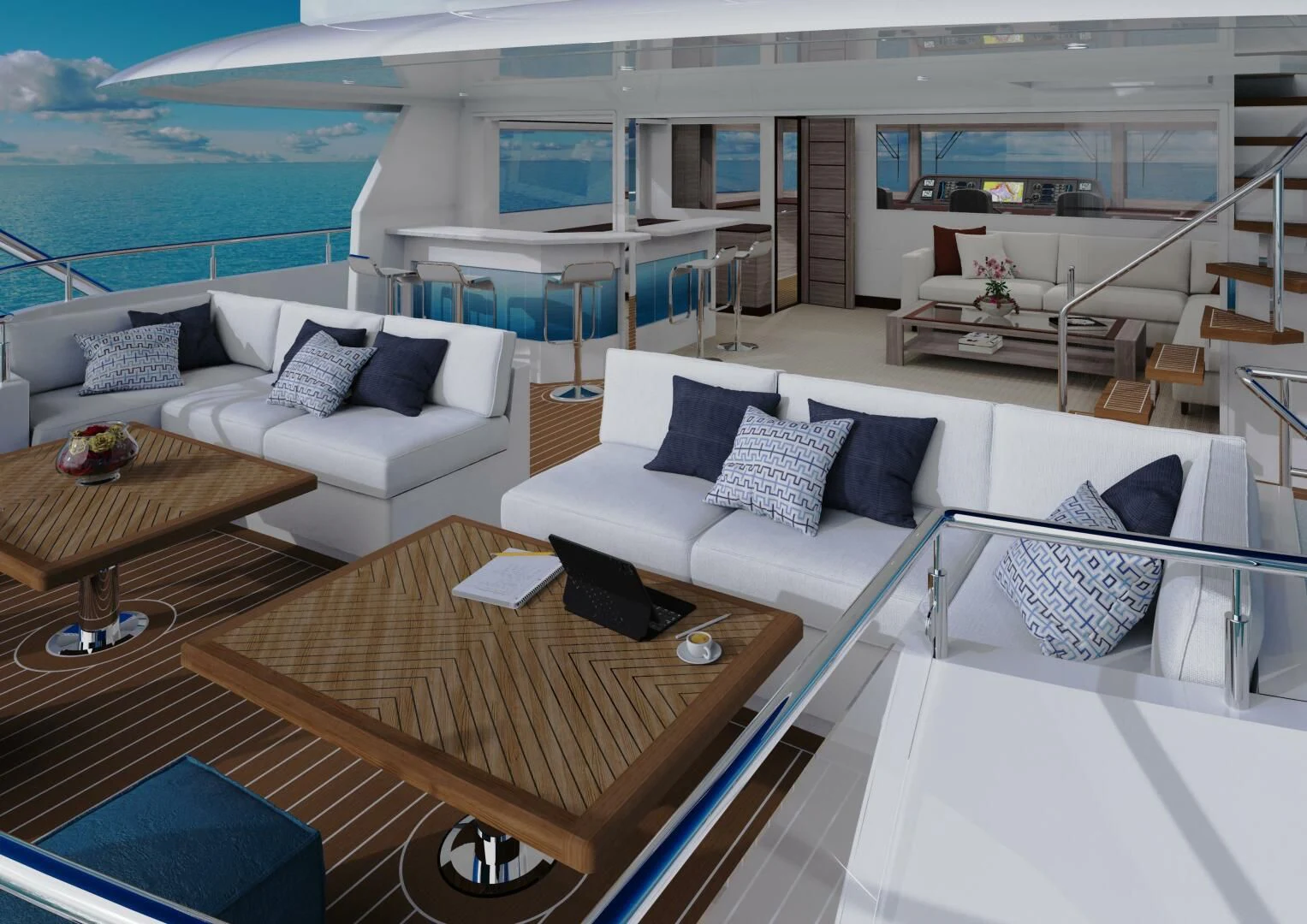 a living room with a large balcony aboard STELLARCAT SF2603 Yacht for Sale