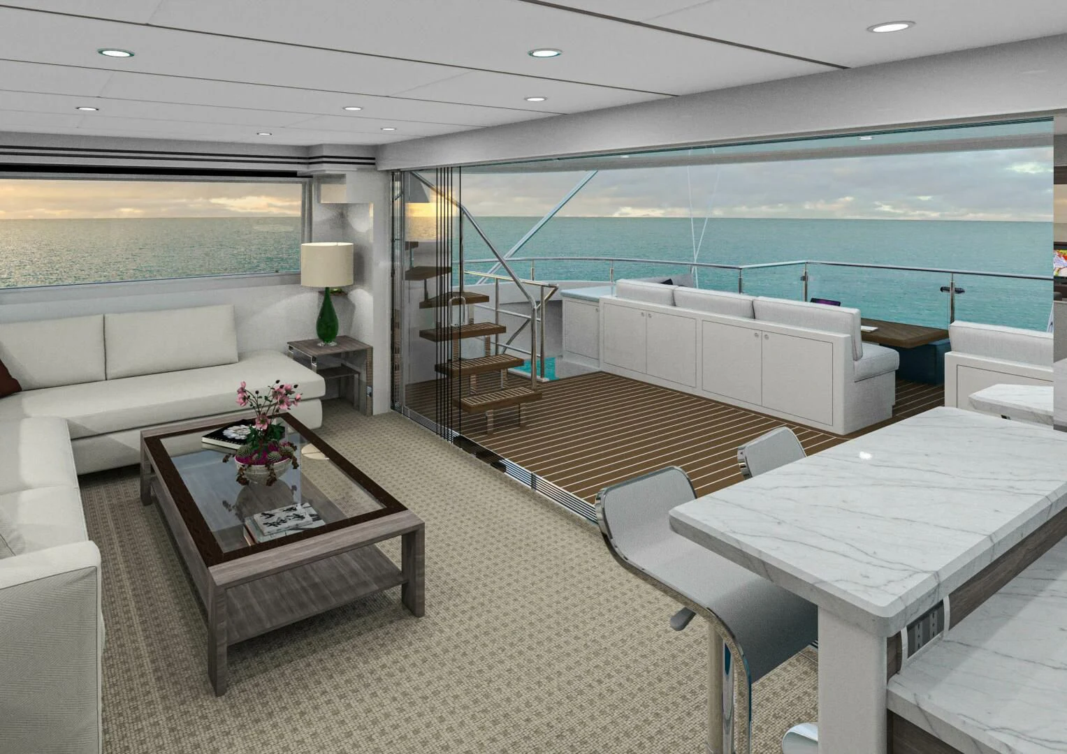 a living room with a couch and a table aboard STELLARCAT SF2603 Yacht for Sale