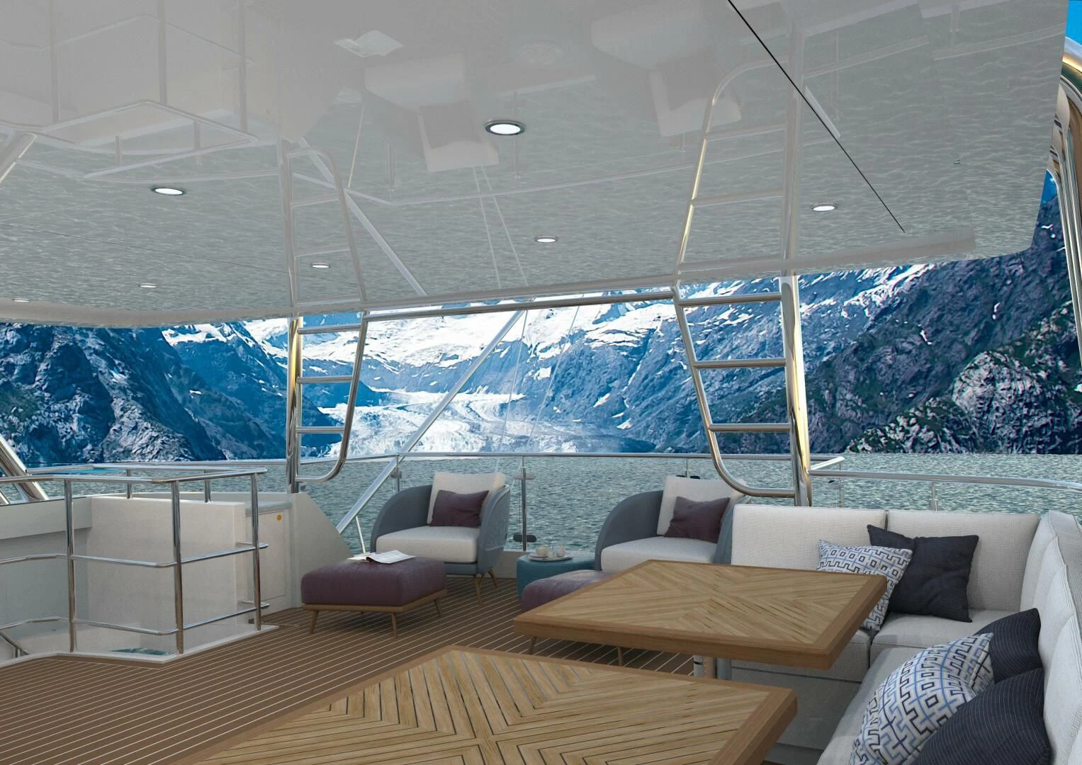 a living room with a large glass window aboard STELLARCAT SF2603 Yacht for Sale