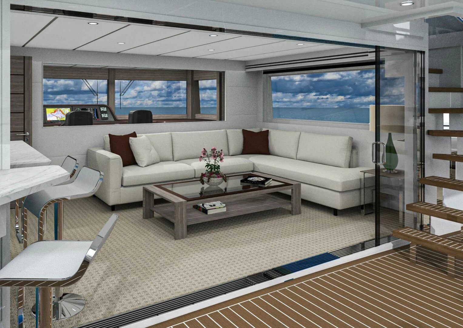 a living room with a large window aboard STELLARCAT SF2603 Yacht for Sale