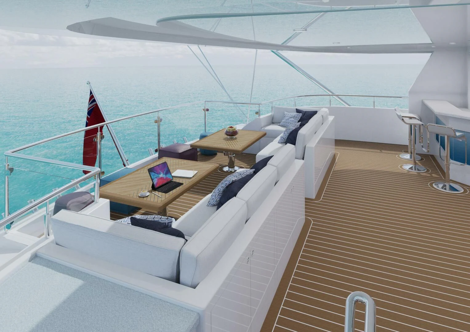 a deck with a large bed and a table on it aboard STELLARCAT SF2603 Yacht for Sale