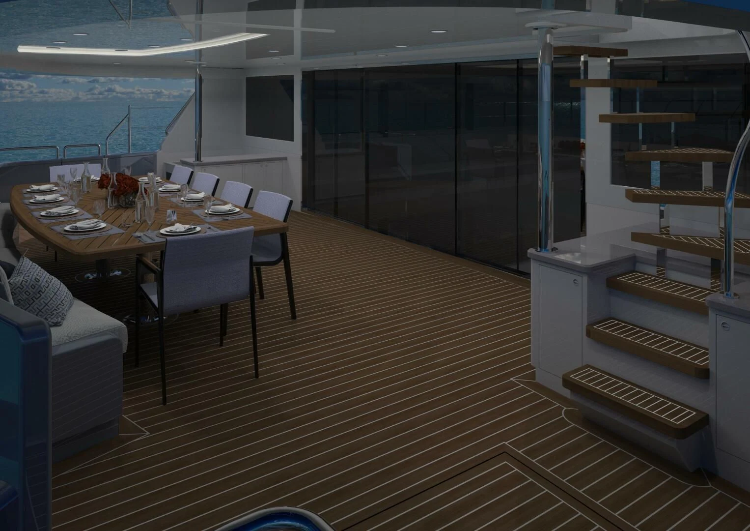 a room with a table and chairs aboard STELLARCAT SF2603 Yacht for Sale