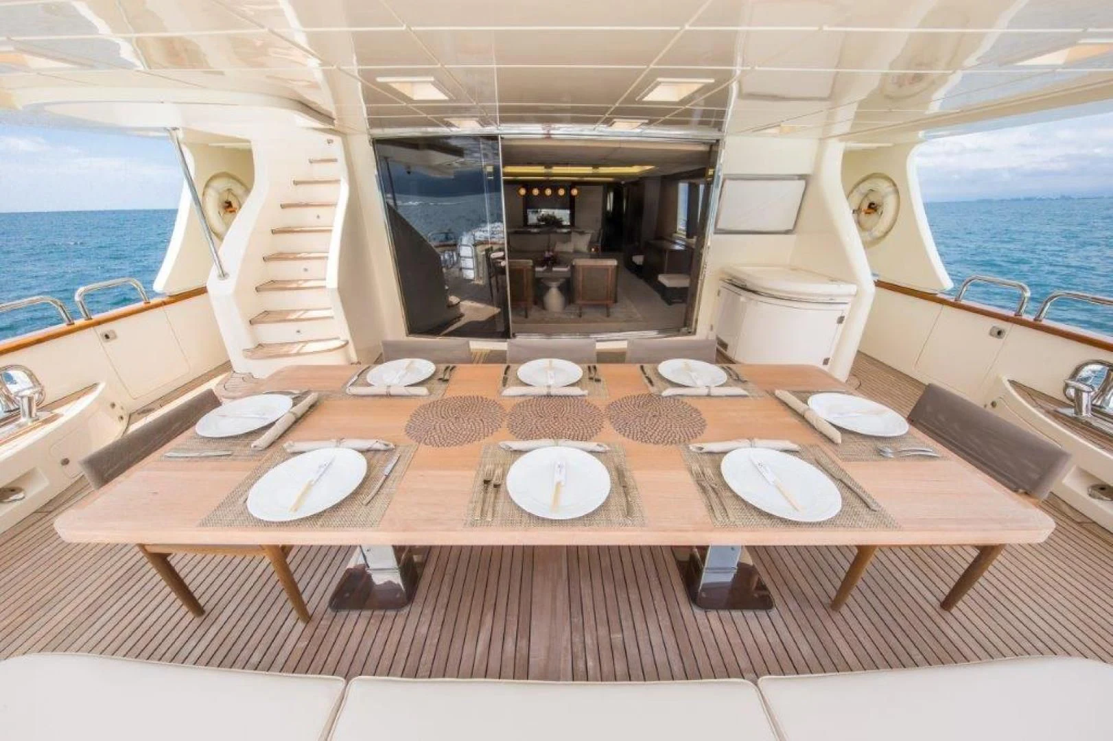a dining table on a ship aboard AMANECER Yacht for Sale