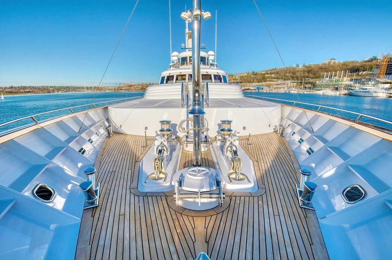 a deck with a large ship on it aboard ICE BEAR Yacht for Sale