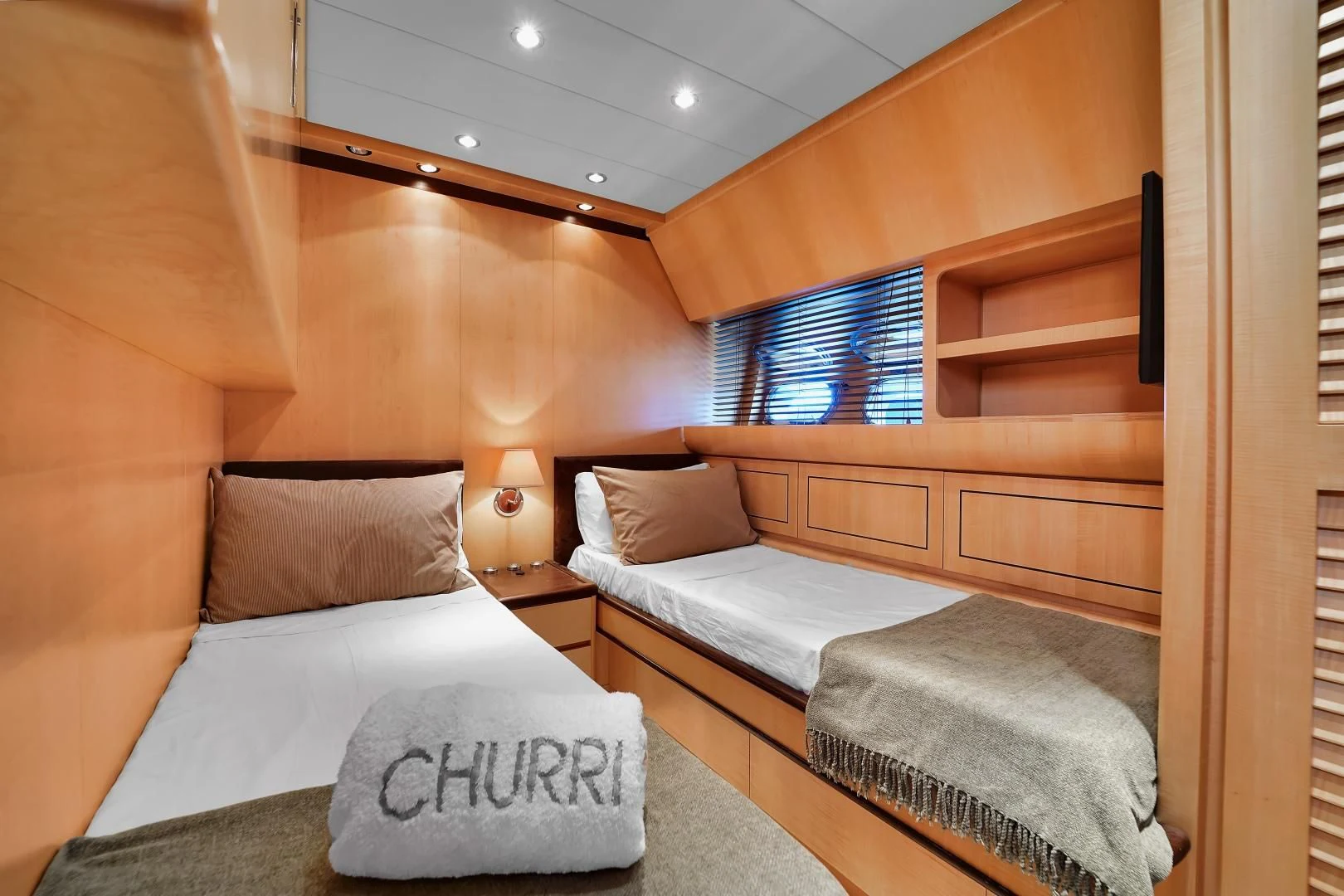 a room with two beds aboard CHURRI Yacht for Sale