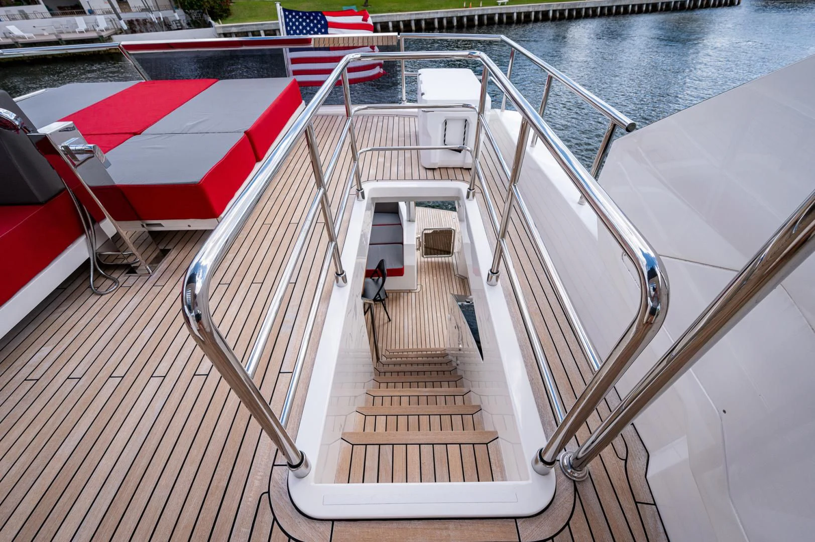 a long wooden bridge over water aboard LEBRADA Yacht for Sale