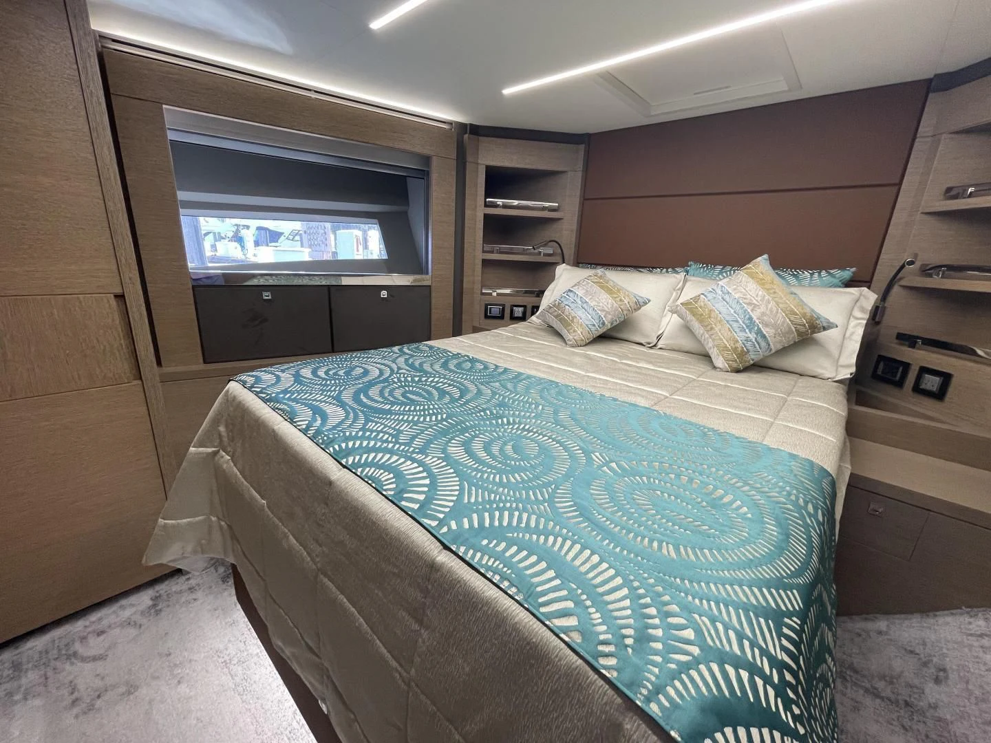 a bed in a room aboard LEBRADA Yacht for Sale