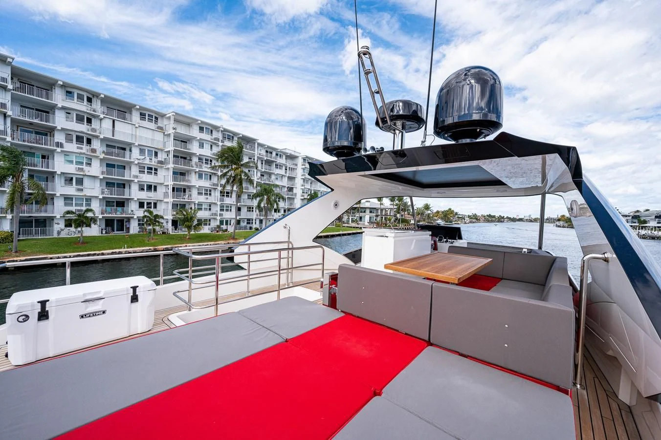 a boat with a satellite dish on the deck aboard LEBRADA Yacht for Sale