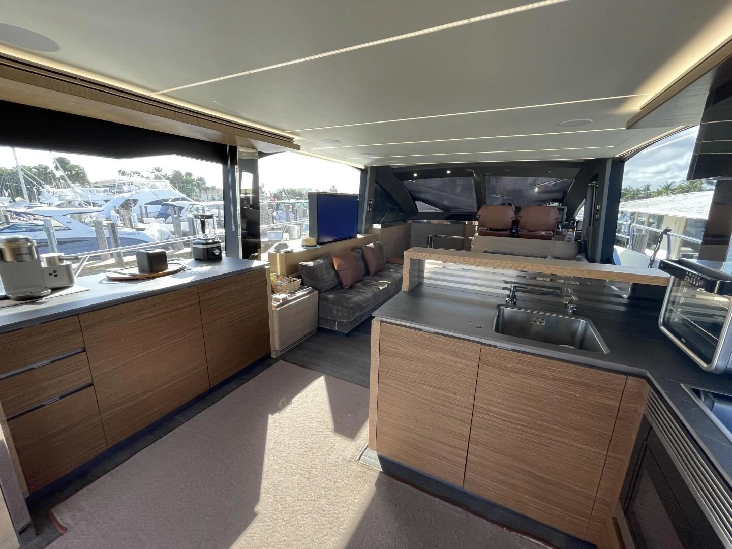 a kitchen and living room aboard LEBRADA Yacht for Sale