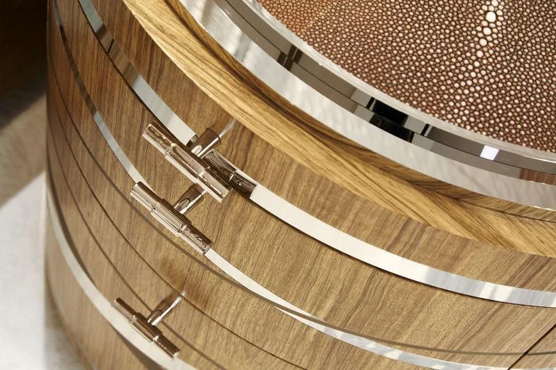 a wooden staircase with a metal railing aboard PHILOSOPHY Yacht for Sale
