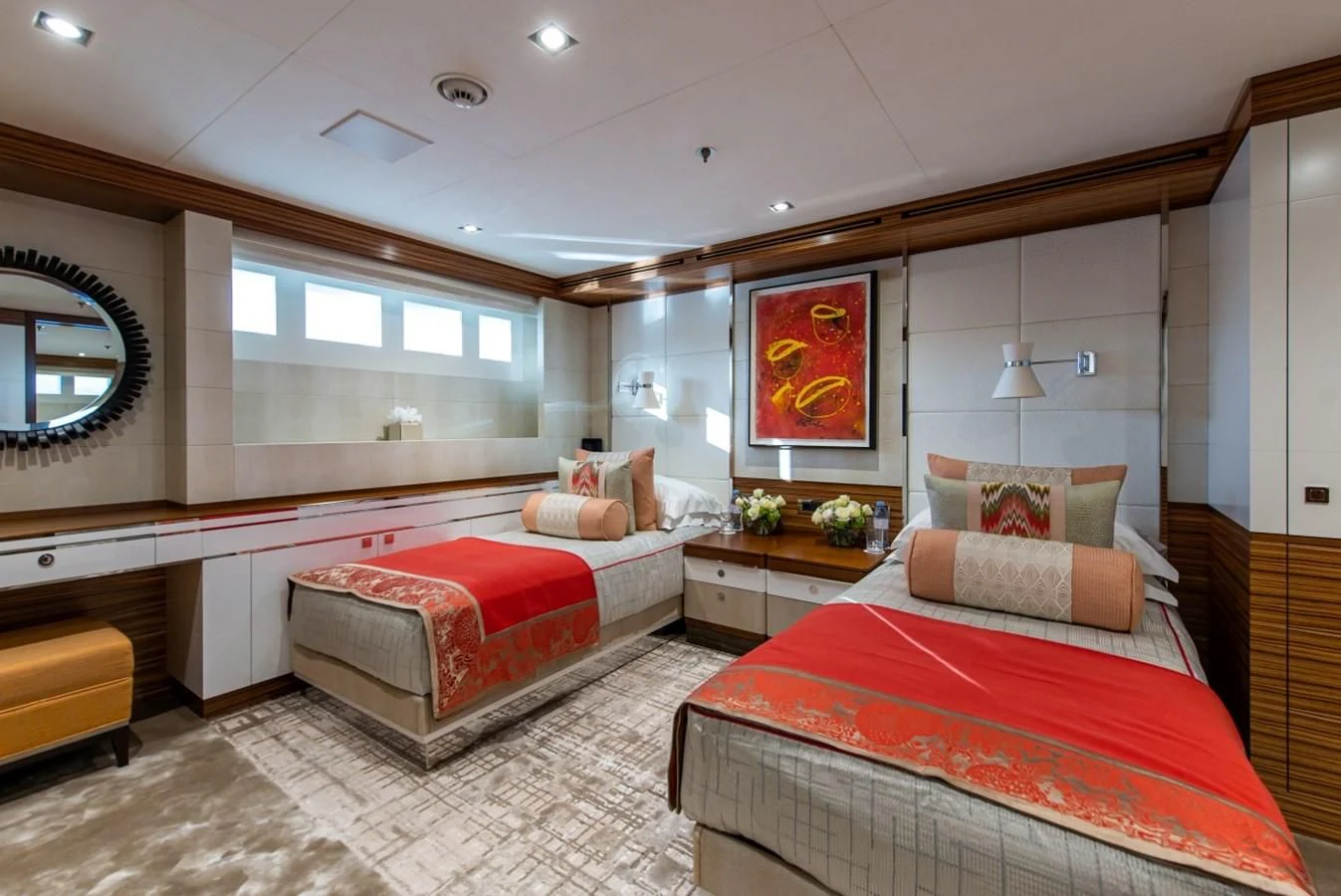 a bedroom with two beds aboard PHILOSOPHY Yacht for Sale